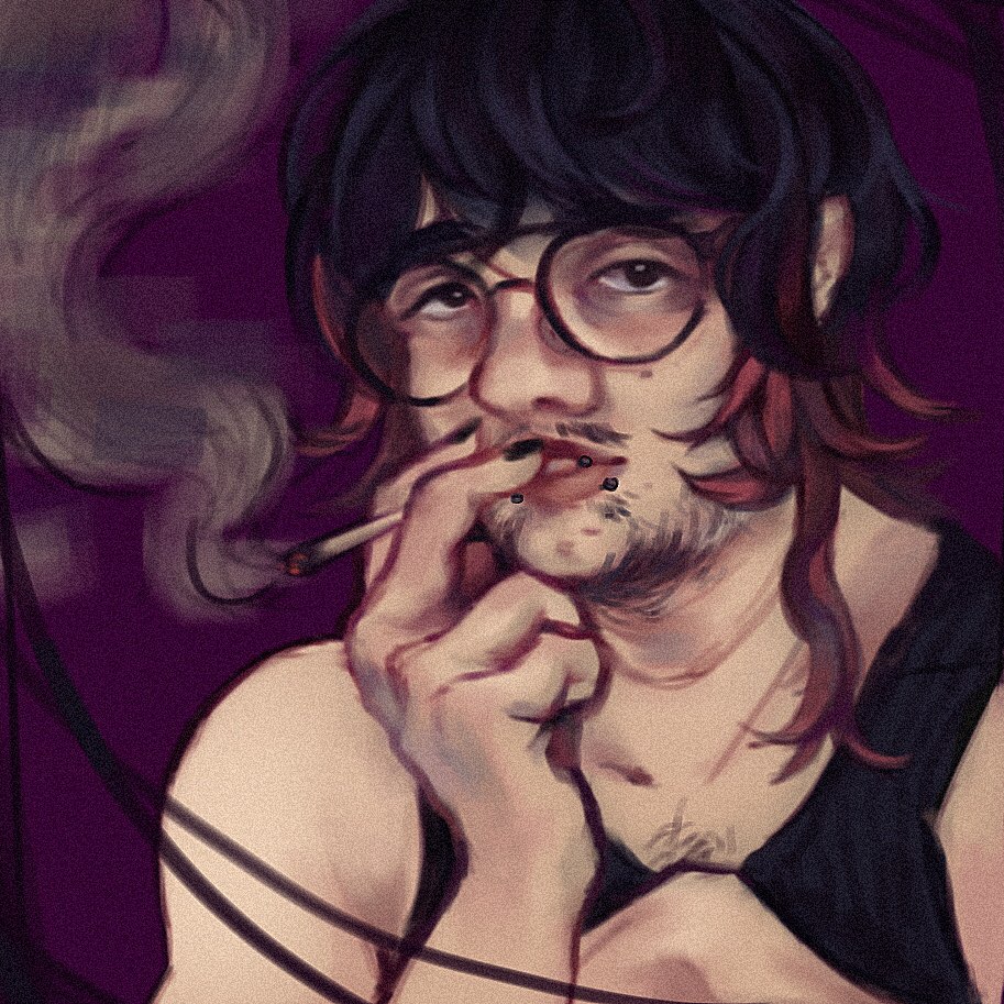 A digital illustration of the webmasters (idealised) body, upon a warm purple background visible from the top of his hair to bust. They are white and on the skinnier end, looking straight ahead with a cigarette near his lips being held between his fingers, hand obscuring part of their body. He has dark circles under his dark brown eyes, and is wearing black wireframe glasses with a top bar. He has acne on his face and some facial hair, including a mustache. He has snake bite piercings and black painted nails. Their hair is black on top and the underlayer that reaches about his shoulder is a darker magenta. He is wearing a black tank top and there are electrical wires in the foreground of the picture.