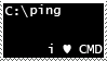 A black stamp with white text showing command line commands and the text 'i love cmd'