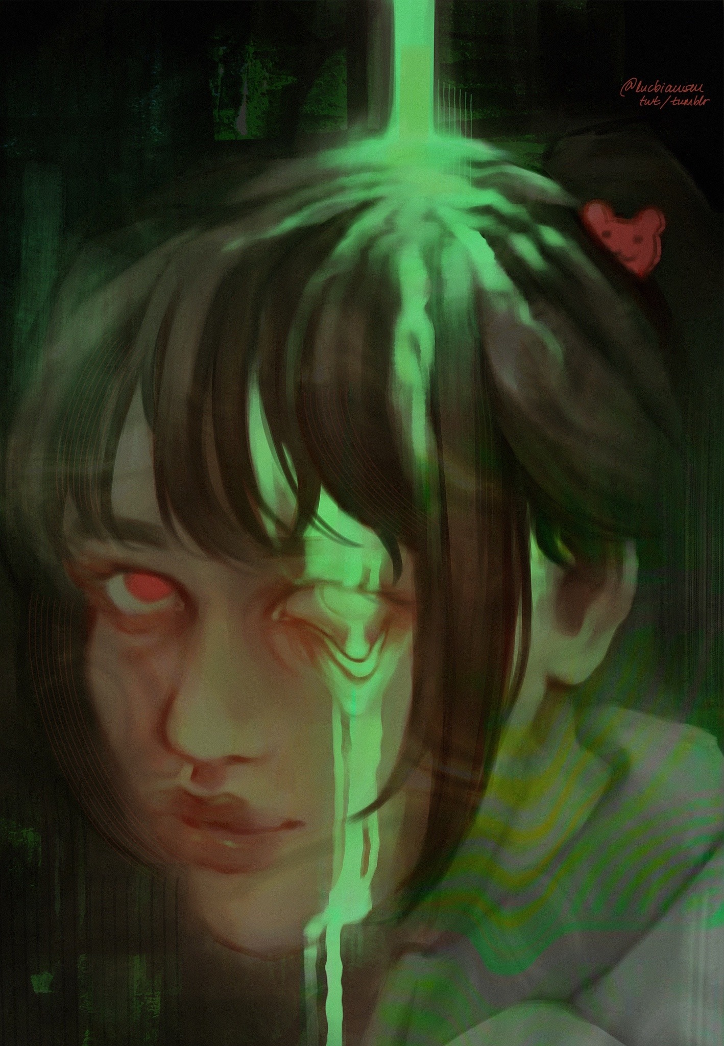 A digital illustration with a headshot of Carmen from the video game Lobotomy Corporation in focus. She is turnin towards the viewer, but you can see her body facing the left. There is a neon green liquid dripping down from ahead the image, which reaches her dark brown hair, in a ponytail with her signature red bear hairtie, and sprawls over it, reaching her forehead under her bangs and eventually her eye. Her eye is not fully covered by the liquid, instead her sclera remains an off-white color, but her waterline is streching downwards with the fluid, which runs down the rest of her cheek and drops down below. Her iris and pupil in the other eye are red, matching her canon appearance. She has what appears to be a faint smile on her face. The background is mostly black with a hint of a green texture here and there, and semi-visible warped squiggles cover the entire image, slightly changing the colors under them.