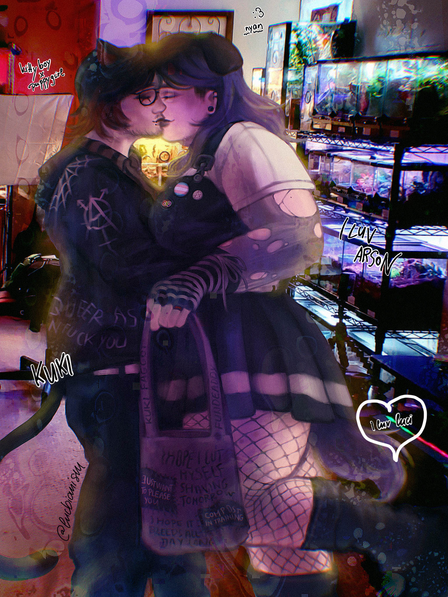 A digital illustration with two anthropomorphic figures kissing in the foreground. In the background is a quite low quality image of a shelf packed full of terrariums and other cluttered items in the rest of the room. On the left side there Lucielle, a shorter and skinnier white man dressed in dark grey pants with a white belt, a vertically striped black and brown button up shirt with an unzipped hoodie over it covered in various illustrations, a spiderweb on the back, the tranarchist symbol on the shoulder and the text 'quuer as in fuck you' written on the lower back. He has black hair reaching his neck that turns red at the tips, and cat ears on top of his head. Vamp is wearing glasses and dark eye makeup, also a light beard on his chin and a snake bite piercing is also in view. His arms wrap around the other figure, Arson who is a fat, trans white passing girl. She is wearing a white shirt with ripped thighs exposed on her arm, and an black overall dress over it. On the chest area are three pins, one with the trans flag, one with the autism symbol and one with the anarchy symbol. They are wearing black and white horizontally striped gloves and holding a tote bag in their hand which has an assortment of folkpunk quotes and patches on it. She is wearing fishnet thighs and one of her legs are lifted, thanks to which you can see her ankle high socks and part of its heavy duty boots. There is a purple tail peeking out from under their skirt. It's hair is purple as well, with some brown on top and on her dog ears. She has ear piercings and a dark lipstick and eyeliner.