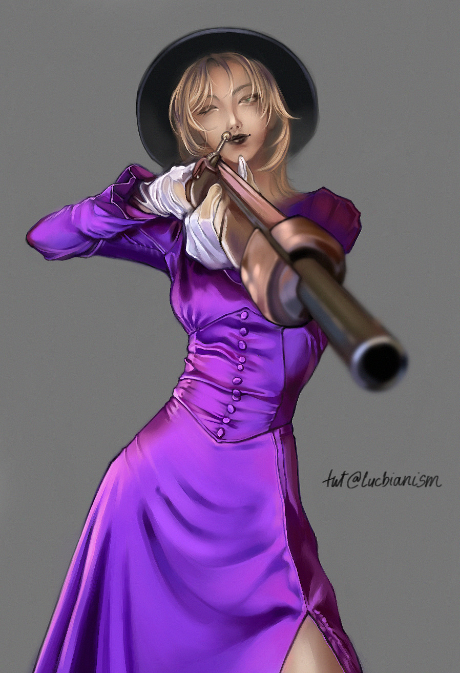 Digital illustration of the character Langley from the game Path to Nowhere standing in the middle, visibl up until her thighs. She is holding a shotgun that points towards the viewer and blurs in the foreground to add more depth to the image. The weapon is gripped with both her hands that are covered in white satin gloves, also wearing a purple satin dress with long sleeves and a corset-like bust with buttons in the middle and a slit exposing a portion of her thighs. The dress has a lot of folds and different colors bouncing off the fabric. Langley is a light skinned person with blonde hair and sparse bangs. One of her green eyes are closed and the other is focusing on the weapon. She is smiling and wearing black lipstick and a black hat with a big rim. The background is a solid grey color.