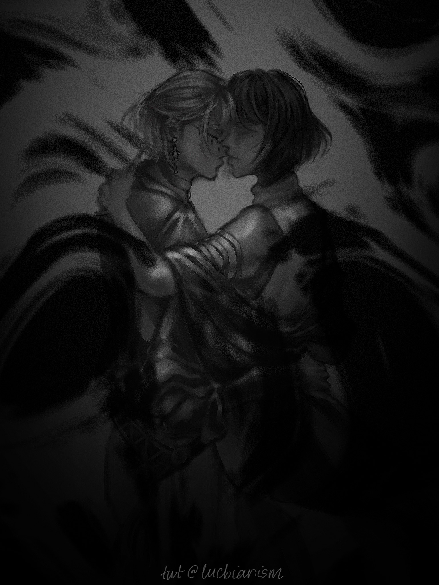 A black and white digital illustration depicting two figures kissing in the middle from a side-view angle. Most of their bodies are obscured by black swirly patches which decorate all sides of the drawing around their faces too. What's left clearly visible from the woman on the left, McQueen, is her blonde hair that is tied in a half-up ponytail, her dangly, shiny earrings and wireframe glasses that have tear-like elements hanging from them. She is wearing a satin choker necklace with a medal on it, and you can see parts of her satin blouse with big, puffy sleeves. Her arm reaches around the other figure's while Lisa's right hand is left laying on McQueen's shoulder. There is clothing draped around Lisa's upper arm, which is also covered by golden bracelets, and her sleeveless turtleneck dress is exposed beneath. Her eyes are closed, and partly covered by the fringe of her black bob cut.