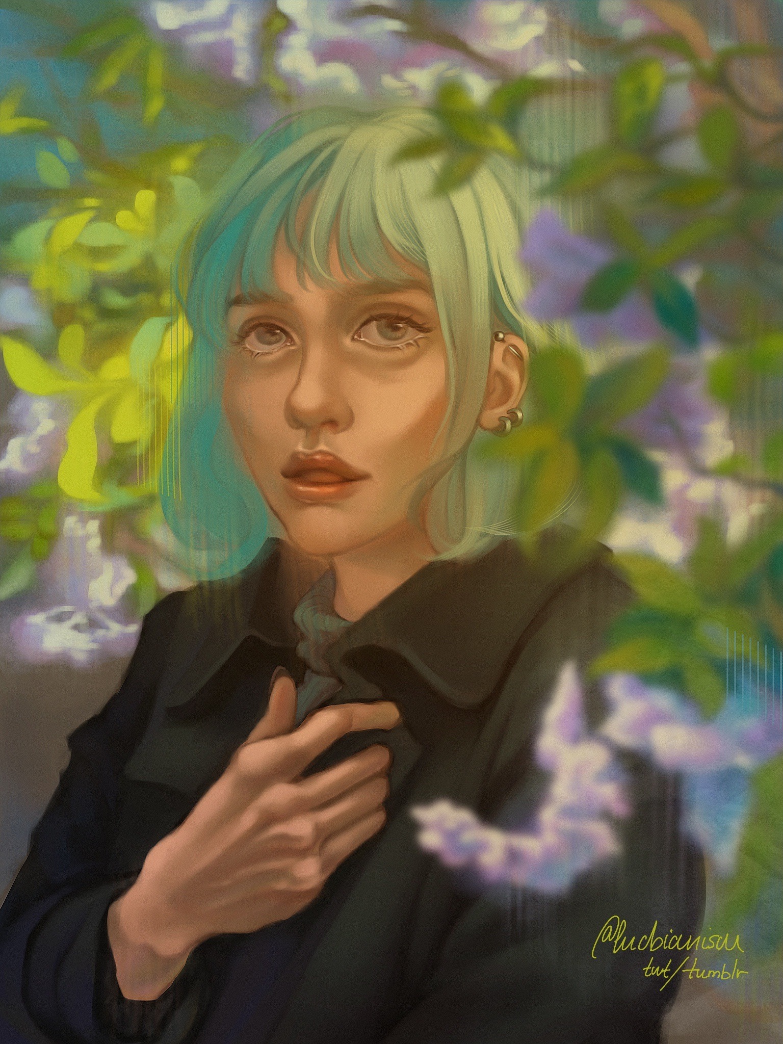 A digital illustration with a light skinned figure in the foreground standing in between the branches of a blooming tree, part of it covering her shoulder. They are visible at a 3/4 view to a mid-arm length. The hand further from the viewer is grabbing the collar of her dark coat, under which you can see a sage colored knitten turtleneck. Their yellowish green eyes fact the viewer, her shiny lips slightly parted. The ear turned towards us bears an industrial and two upper lobe piercings. Their hair is shoulder length, turqoiuse and has bangs that are swept to the side by a slight breeze. The overall painting uses warm tones, soft shading and includes downwards lines imitating real paint drooping down a upright canvas.