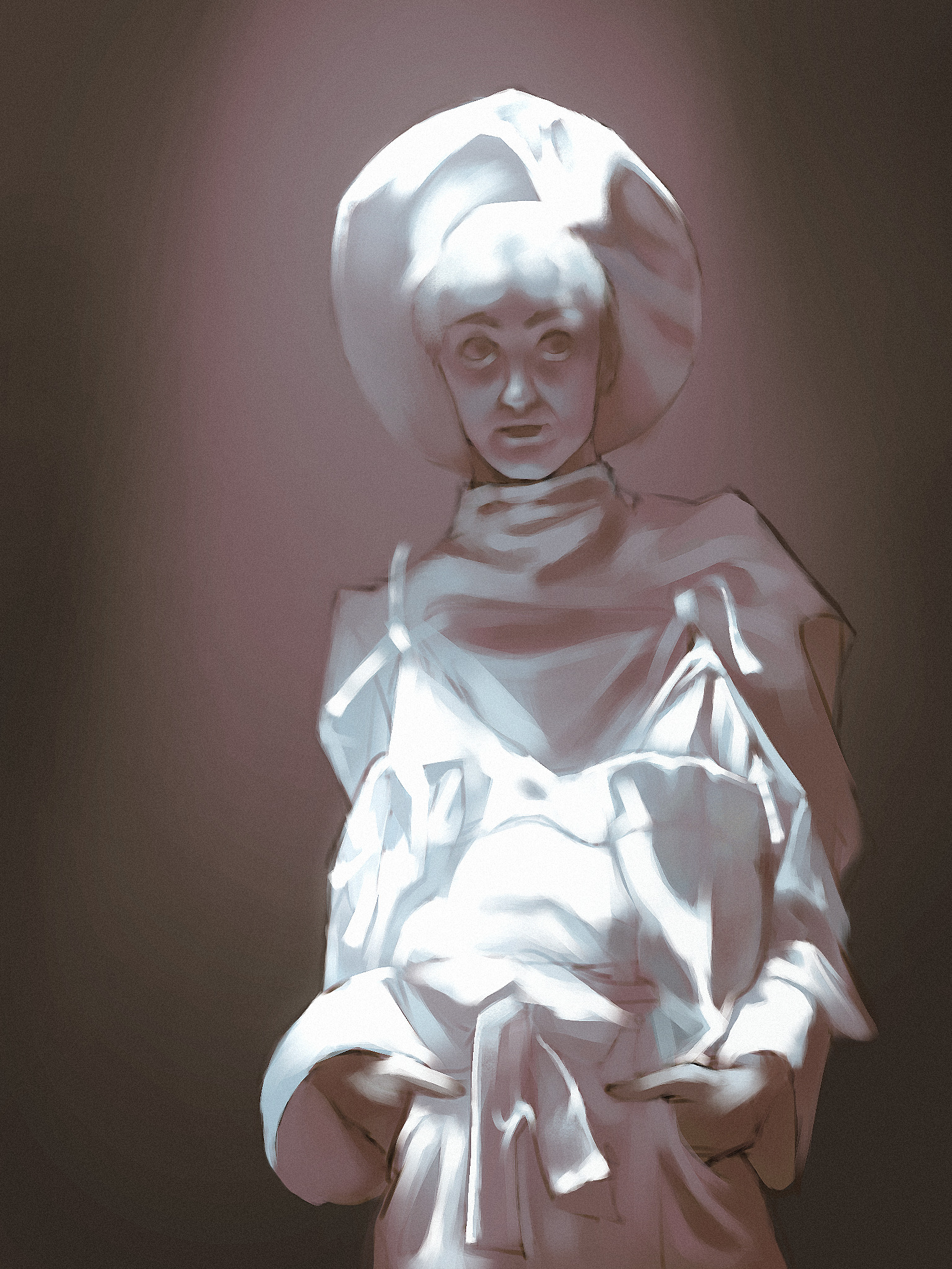 A digital illustration of a figure with elegant, ruffled clothing. There is a light above her illuminating parts of her dress with a harsh white light, which continues into blueish midtones and warm purple shadows. They are wearing an overall with a big bow at their waist, their hands in pockets and ribbon straps hanging off their shoulders. Under that there is a turtleneck garment of a thick material. Their face is not very detailed, looking off into a corner with eyebrows slightly raised. Their presumably curly hair is also hit by the light, alng with part of their big hat.